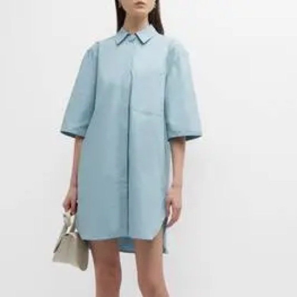 LOULOU STUDIO Evora Cotton Mini Shirt Dress Button Down Short Sleeve Blue Ocean